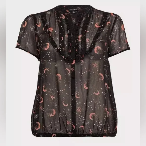 Torrid 0 Black Stars and Moon Print Chiffon Banded Top with Mandarin Collar- EUC - Picture 3 of 9